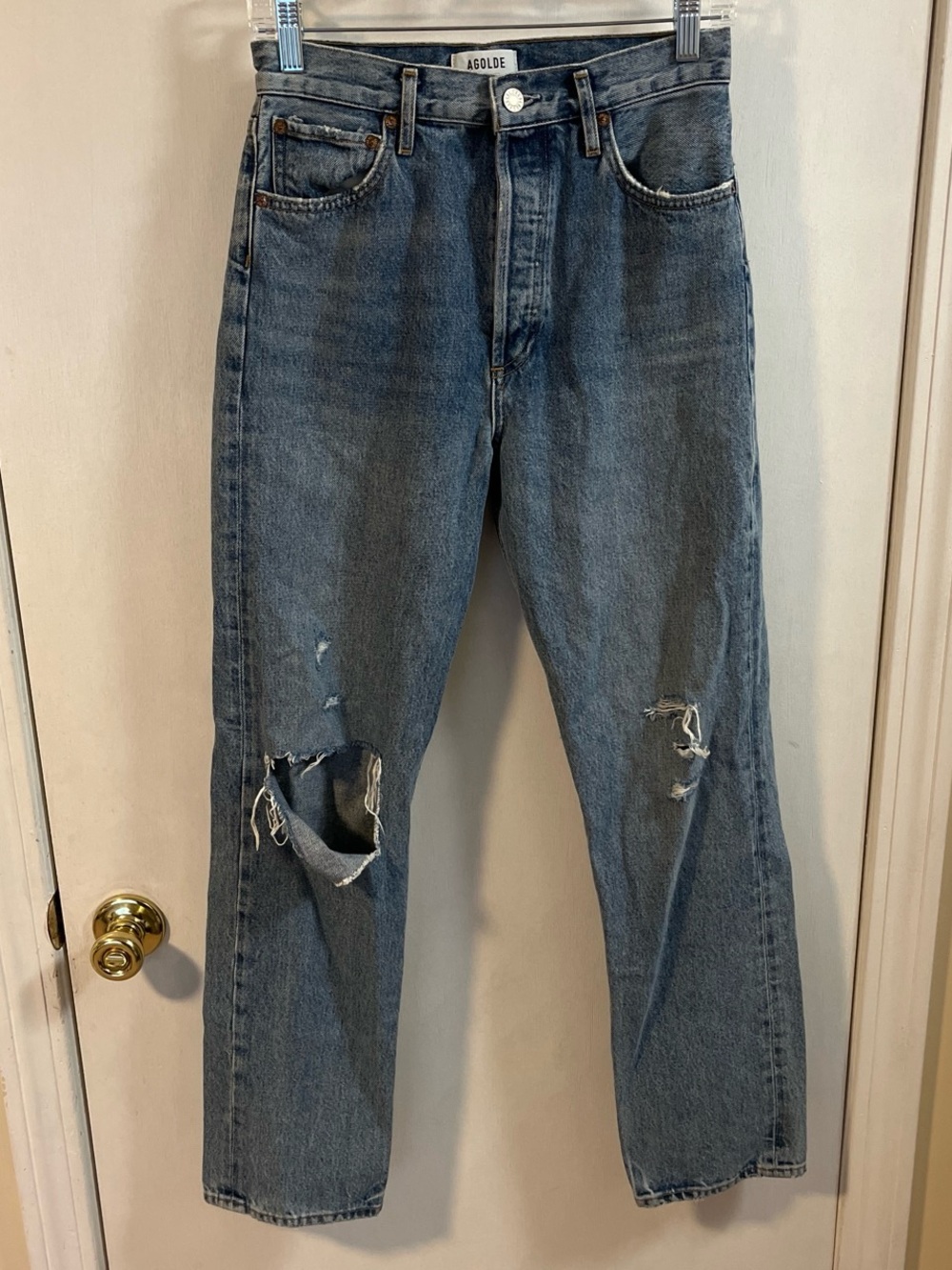 Agolde Faded Blue Straight Jeans with Knee Rips